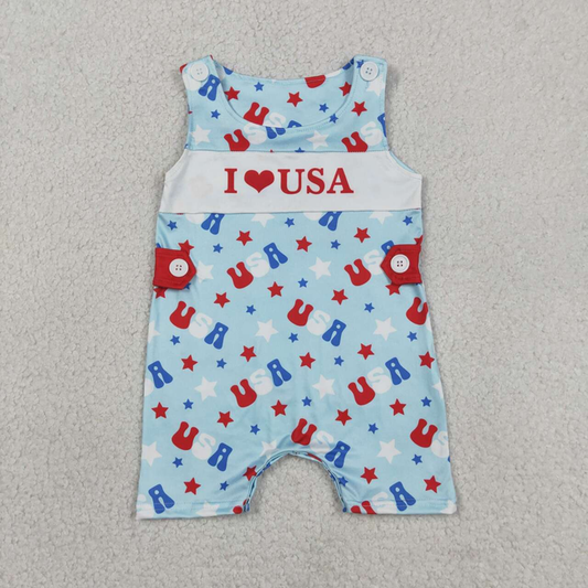 SR4155 Newborn Baby Boys Sleeveless I Love USA Stars 4th of July Shorts Romper
