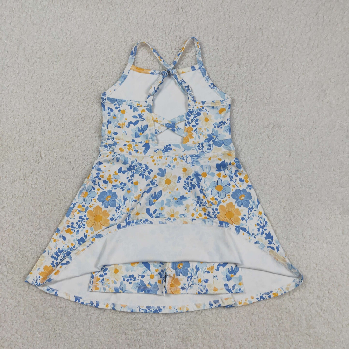GSD3565 Baby Girl Strap Colorful Flowers Yoga Active Shorts Ruffle Knee Length Dress