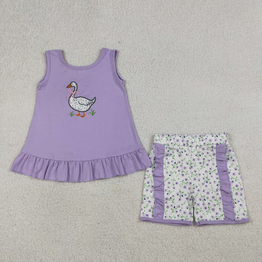 GSSO2774 Kids Embroidery Floral Goose Baby Girl Lavender Tunic Ruffle Shorts Clothes Sets