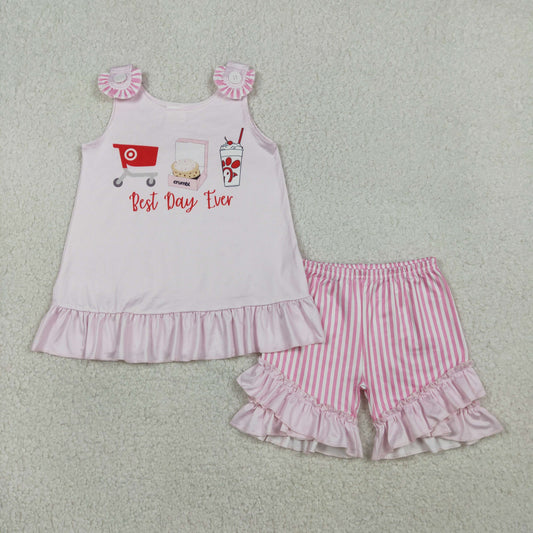 RTS NO MOQ(In Stock) GSSO3008 Best Day Ever Pink Sleeveless Vertical Striped Shorts Set