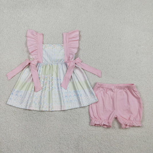 GSSO2951 Kids Baby Girl Bows Flowers Checked Tunic Ruffle Shorts Clothes Sets