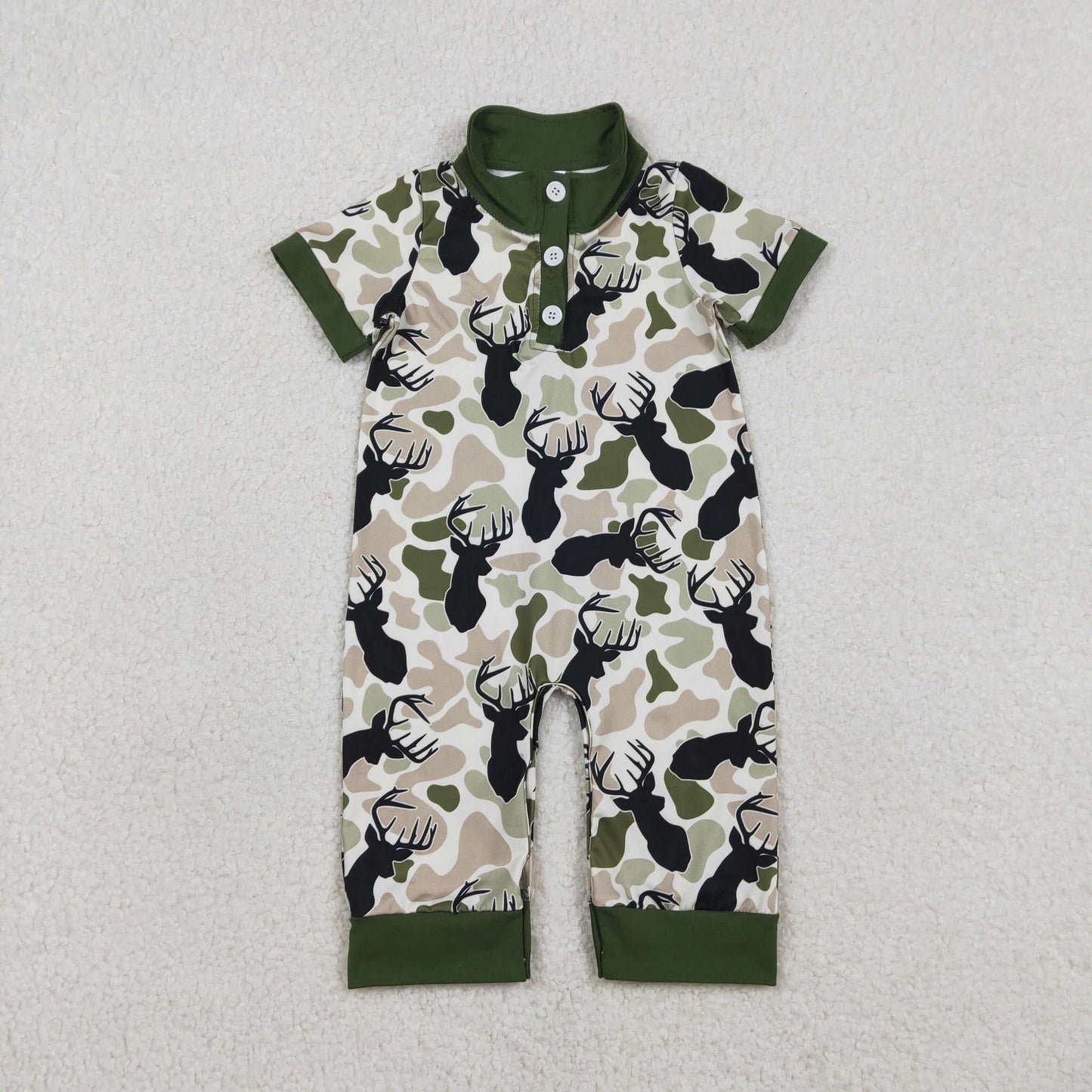 RTS NO MOQ（In Stock) SR3636 Reindeer brown-green camouflage beige button neckline short-sleeved bodysuit