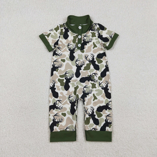 RTS NO MOQ(In Stock) SR3636 Reindeer brown-green camouflage beige button neckline short-sleeved bodysuit