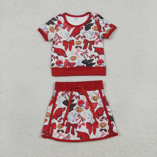 GSD3696 Kids Baby Girls Bow Football Red Bulls Top Skirt Short Team Yoga Active Clothes Sets