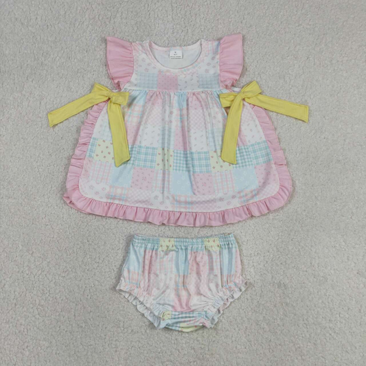 GBO0513 Kids Baby Girls Colorful Floral Checked Tunic Bummies Clothes Sets