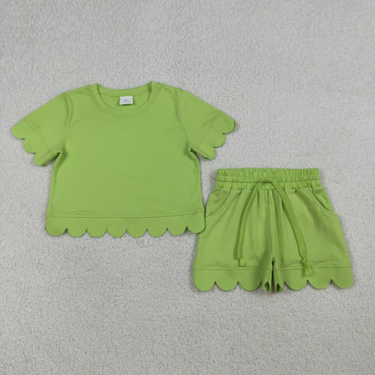 GSSO3179 Kids Baby Girl Short Sleeve Green Shirts Top Shorts Scallop Clothes Sets