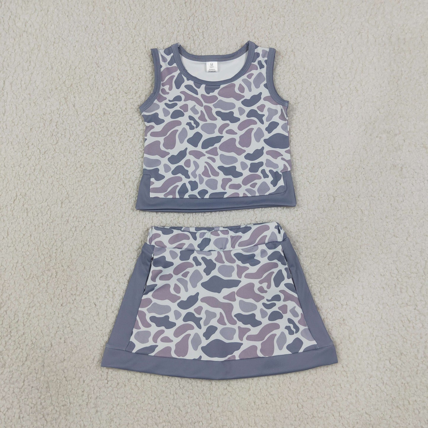 GSD4230 Kids Baby Girls Southern Light Grey Camo Vest Top Skirt Short Yoga Active Clothes Sets