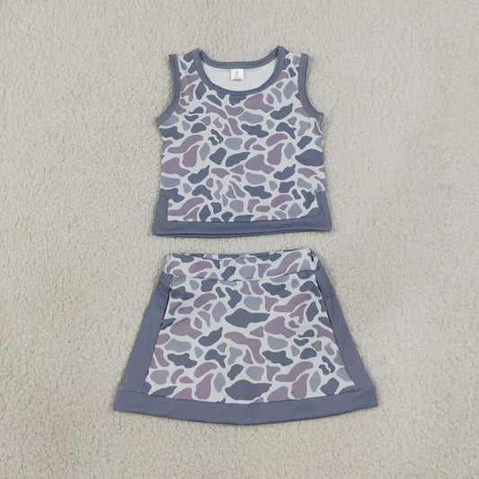 GSD4230 Kids Baby Girls Southern Light Grey Camo Vest Top Skirt Short Yoga Active Clothes Sets