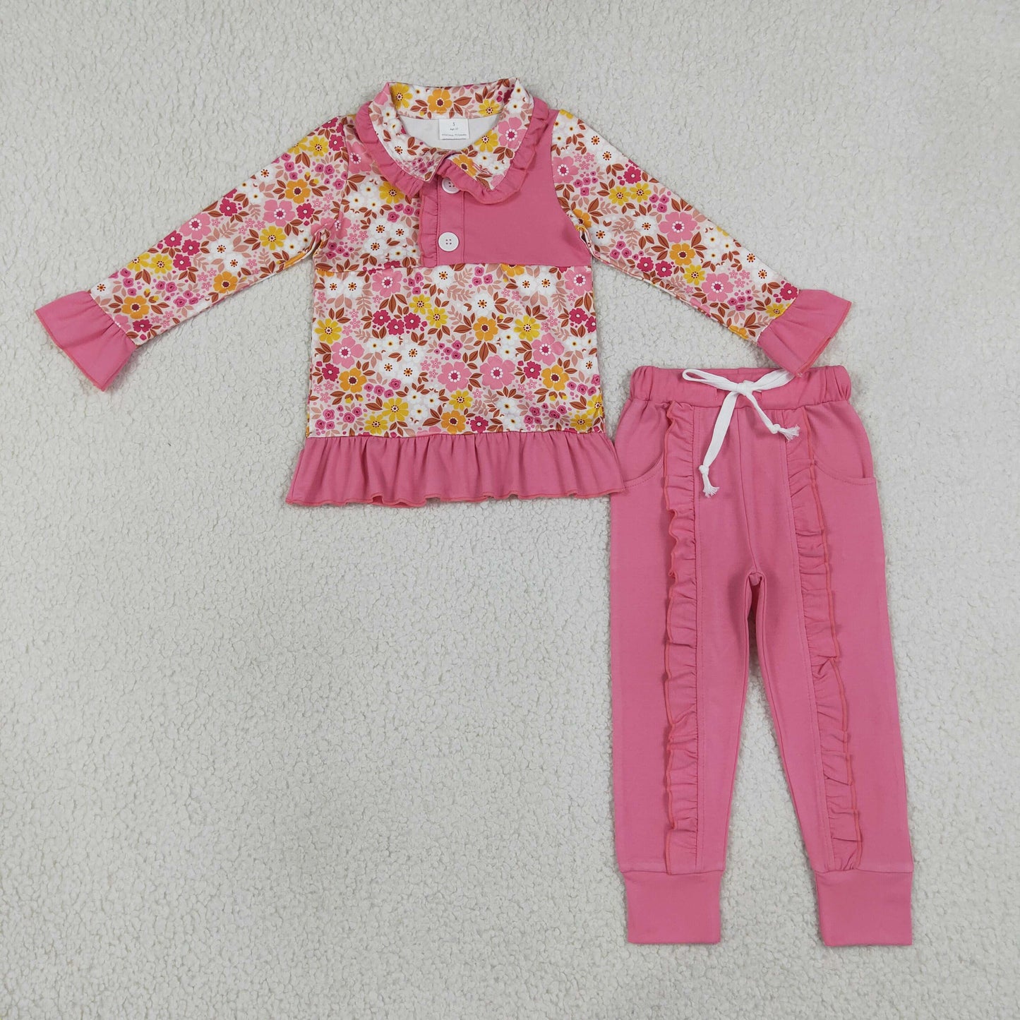 GLP3315 Kids Clothing Baby Girls Colorful Flowers Button Ruffle Pullover Top Jogger Hunting Clothes Sets
