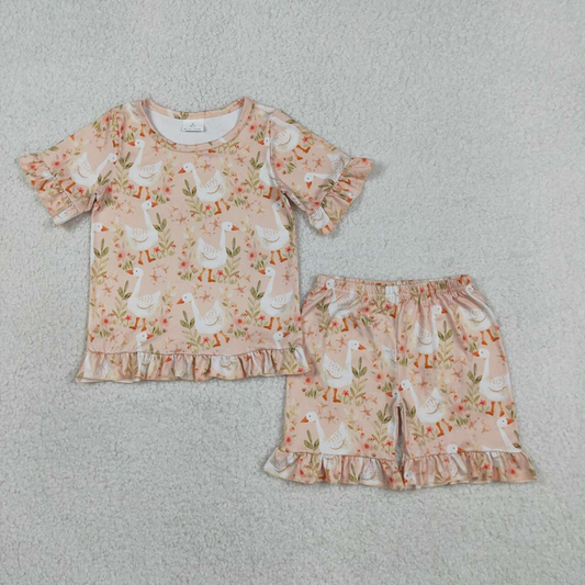 GSSO3329 Kids Baby Girls Flowers Gooses Top Ruffle Shorts Pajamas Clothes Sets