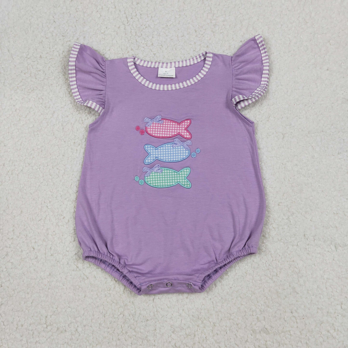 SR4006 Newborn Embroidery Fishes Baby Girls Flutter Sleeve Hunting Ruffle Rompers