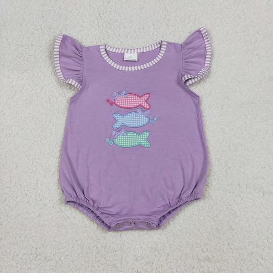 SR4006 Newborn Embroidery Fishes Baby Girls Flutter Sleeve Hunting Ruffle Rompers