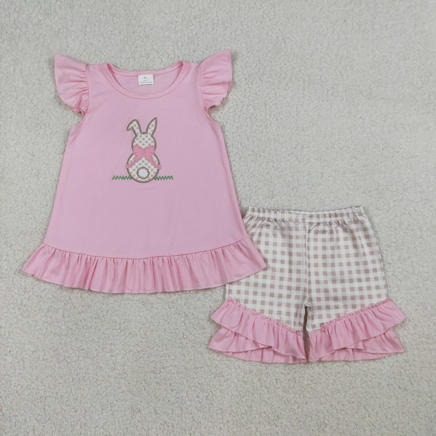 GSSO0374 Kids Embroidery Rabbit Baby Girl Pink Tunic Checked Ruffle Shorts Easter Sets