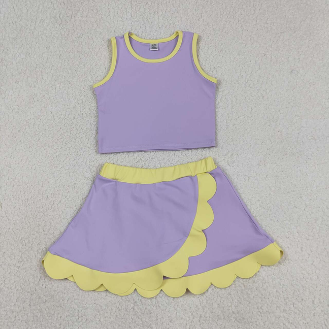 GSD4011 Kids Baby Girls Lavender Yellow Vest Scallop Skirt Short Yoga Active Clothes Set