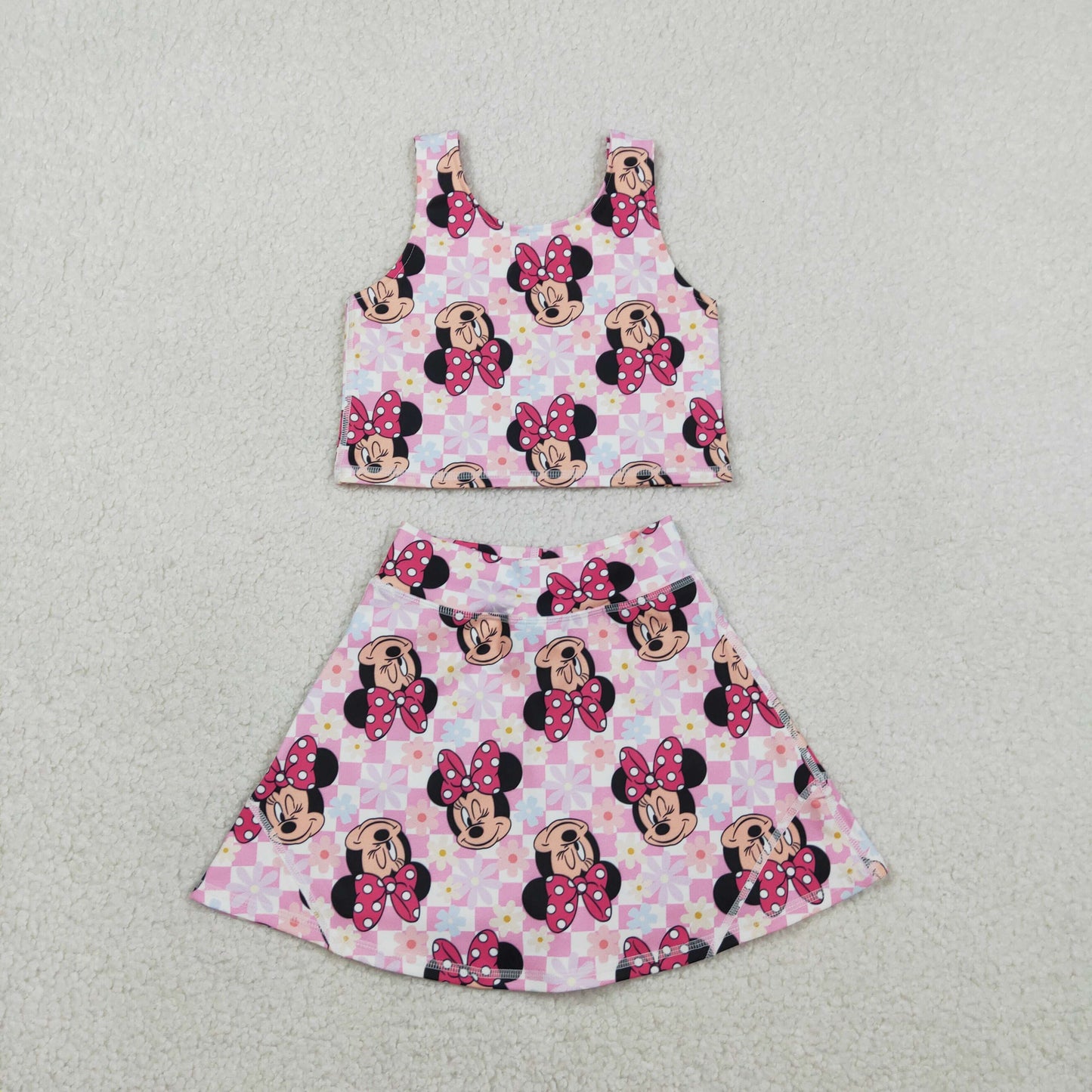 GSD2460 Kids Baby Girl Sleeveless Pink Plaid Cartoon Mouse Top Skort Yoga Set
