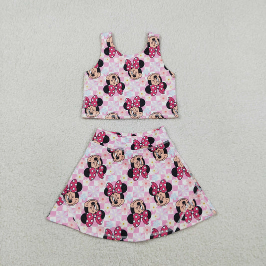 GSD2460 Kids Baby Girl Sleeveless Pink Plaid Cartoon Mouse Top Skort Yoga Set