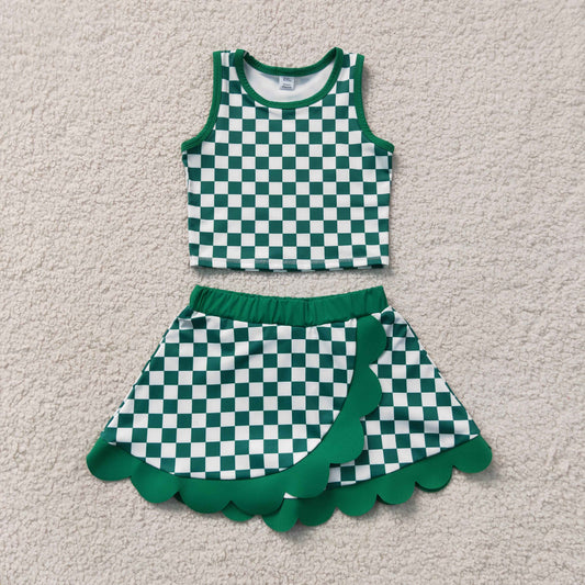 GSD4178 Kids Baby Girls Green Checked Vest Top Scallop Skirt Short Yoga Active Clothes Set