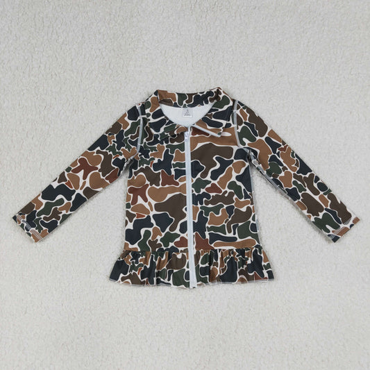 GT1315 Kids Baby Girls Southern Dark Brown Camo Yoga Active Zip Ruffle Jackets Top