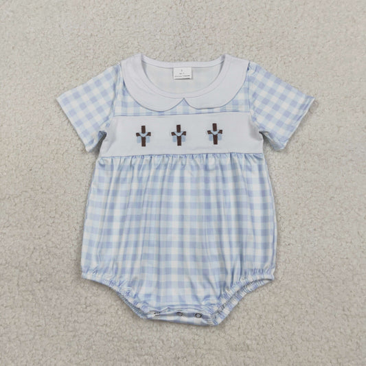 SR3757 Newborn Baby Boy Embroidery Crosses Blue Checked Easter Collar Rompers