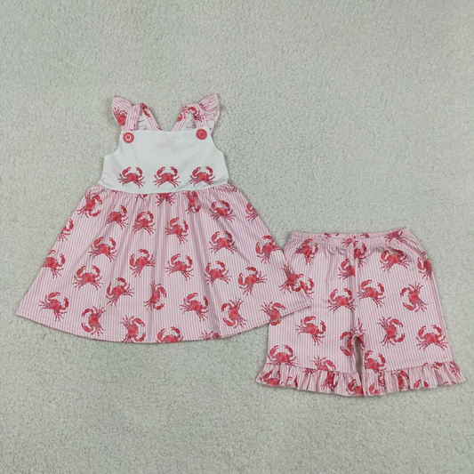 GSSO3066 Kids Baby Girls Flutter Sleeve Pink Stripe Crabs Tunic Ruffle Shorts Clothes Sets