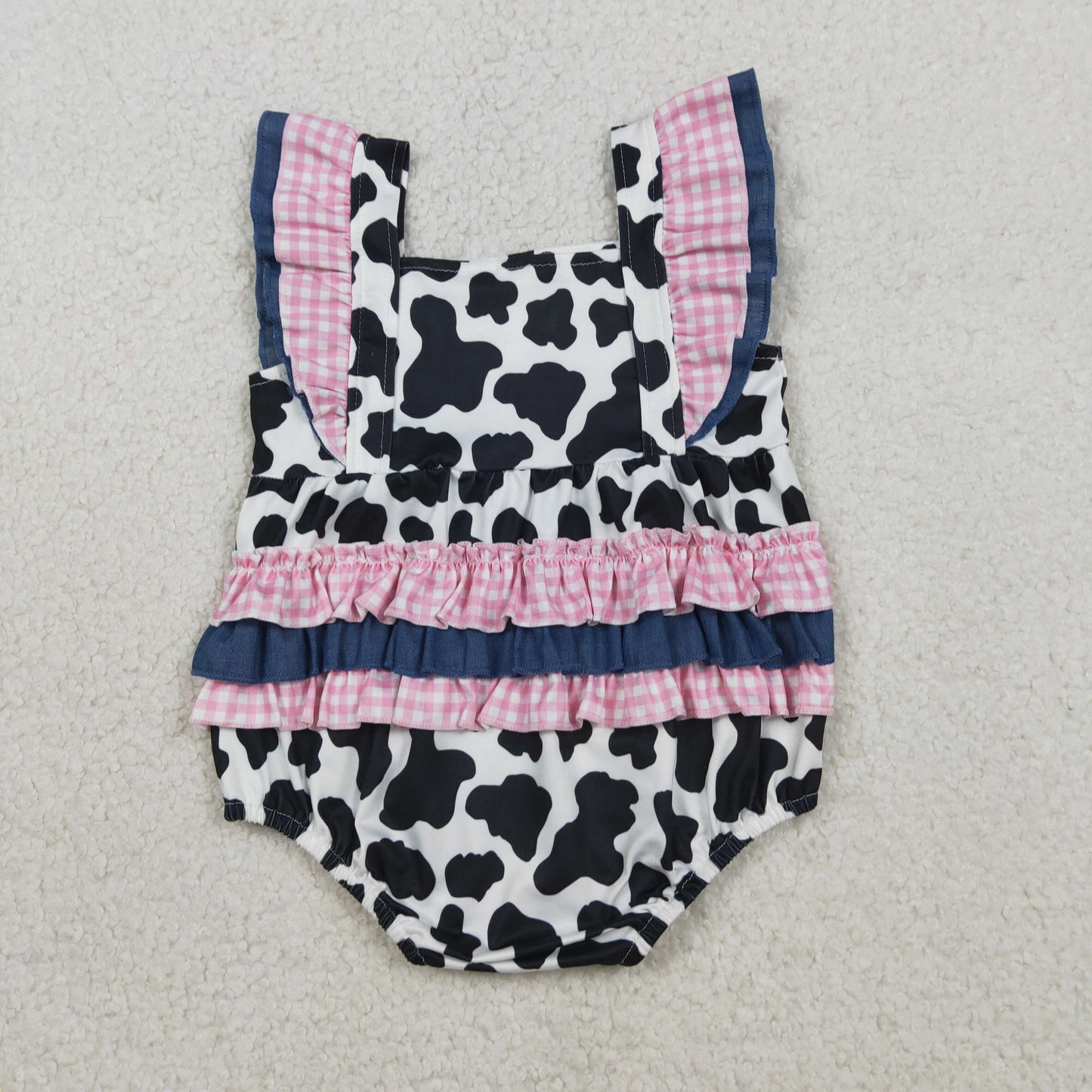 SR3898 Newborn Baby Girls Flutter Sleeve Western Cow Print Ruffle Rompers