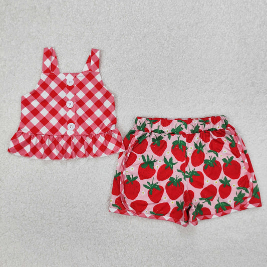 GSSO2037 Baby Girls Red Checkered Straps Top Strawberry Shorts Clothes Set
