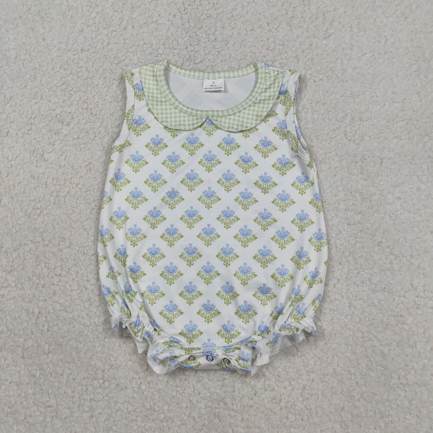 SR3513 Baby Girl Sleeveless Flowers Plaid Collar Ruffle Rompers