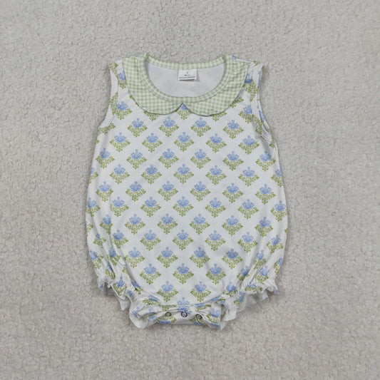 SR3513 Baby Girl Sleeveless Flowers Plaid Collar Ruffle Rompers