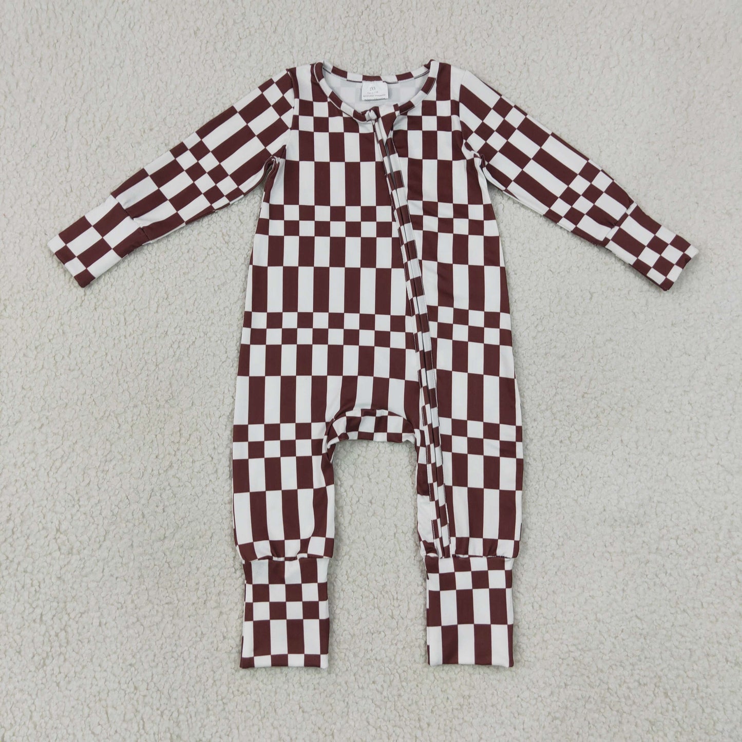 LR3114 Newborn Baby Boys Maroon Checked Fall Two Way Zip Convertible Rompers