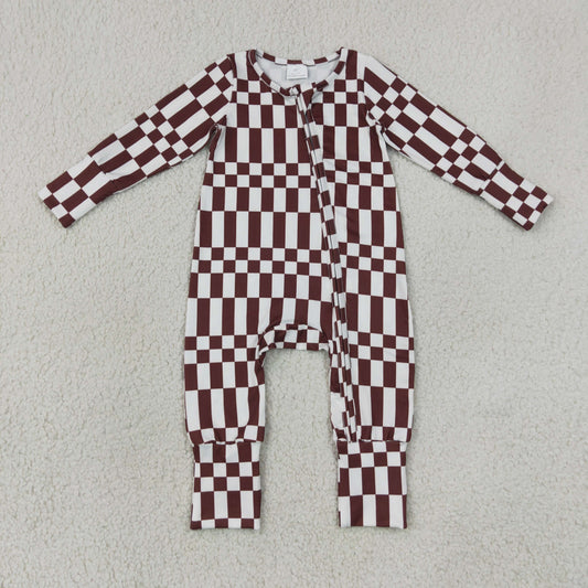 LR3114 Newborn Baby Boys Maroon Checked Fall Two Way Zip Convertible Rompers