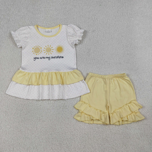 GSSO2947 Kids Baby Girls Polka Dots You are My Sunshine Tunic Ruffle Shorts Clothes Sets