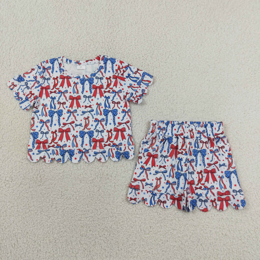 GSSO3548 Kids Baby Girls Red Blue Bow Stars Top Pockets Short 4th of July Scallop Clothes Sets