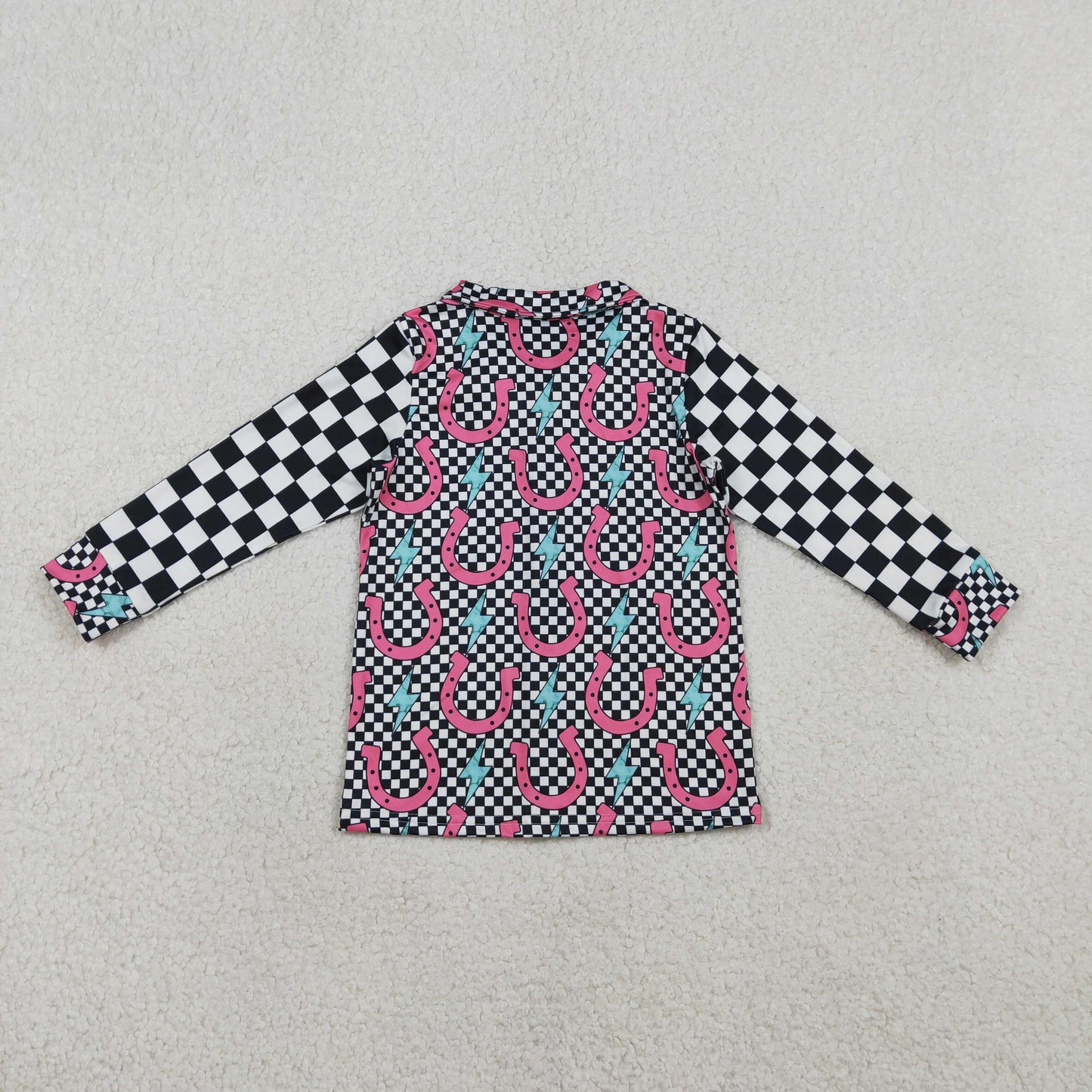 GT1509 Kids Baby Girl Shoes Lightnings Black Checked Western Button Shirts Top