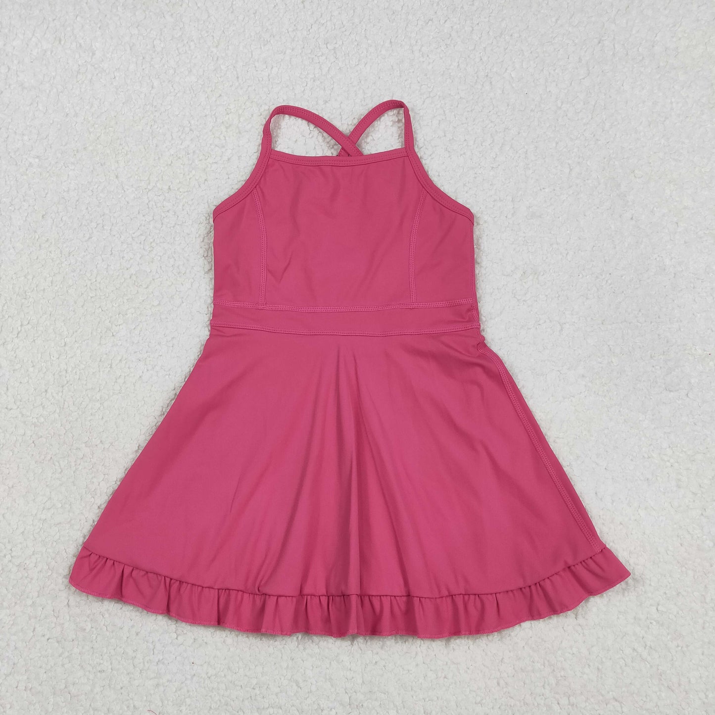 S0727 Kids Baby Girl Hot Pink Strap Yoga Active Shorts Ruffle Knee Length Dresses
