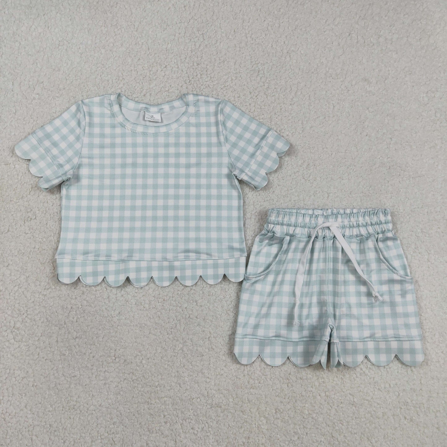 GSSO3184 Kids Baby Girl Short Sleeve Blue Checked Top Scallop Pockets Shorts Clothes Sets