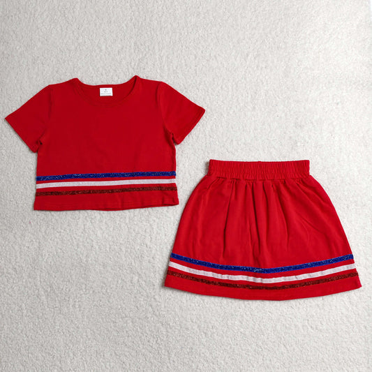 GSD3812 Kids Baby Girls Red Short Sleeve Stripe Top Skirt Shorts Slouchy Clothes Sets