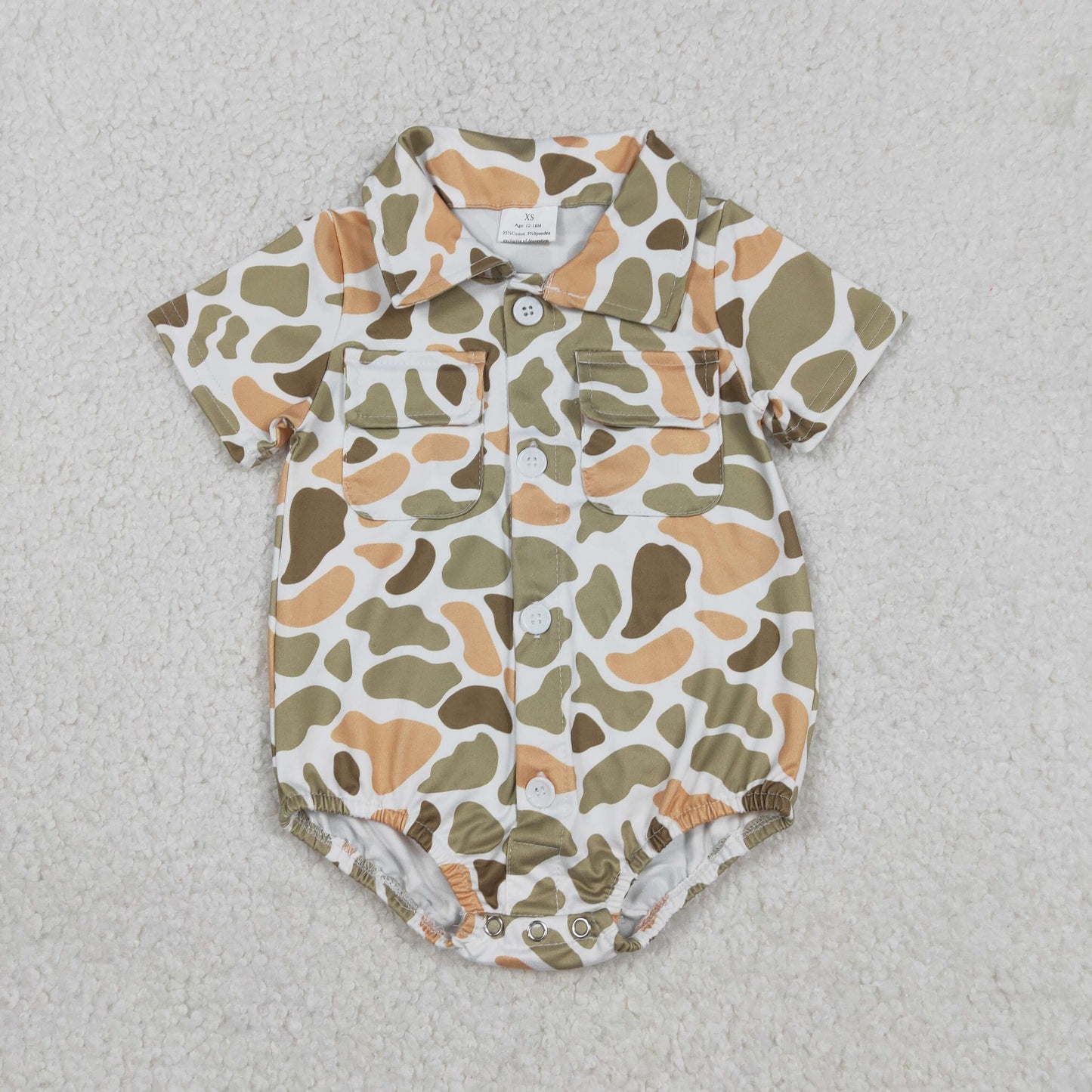 RTS NO MOQ（In Stock) SR3658 Orange-green camouflage pocket button neckline short-sleeved jumpsuit