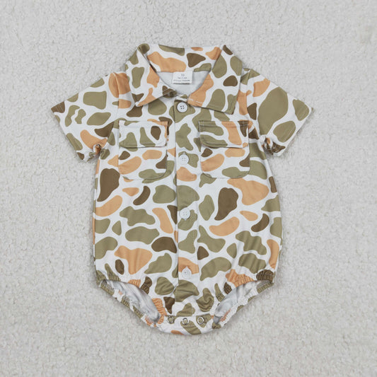 RTS NO MOQ(In Stock) SR3658 Orange-green camouflage pocket button neckline short-sleeved jumpsuit