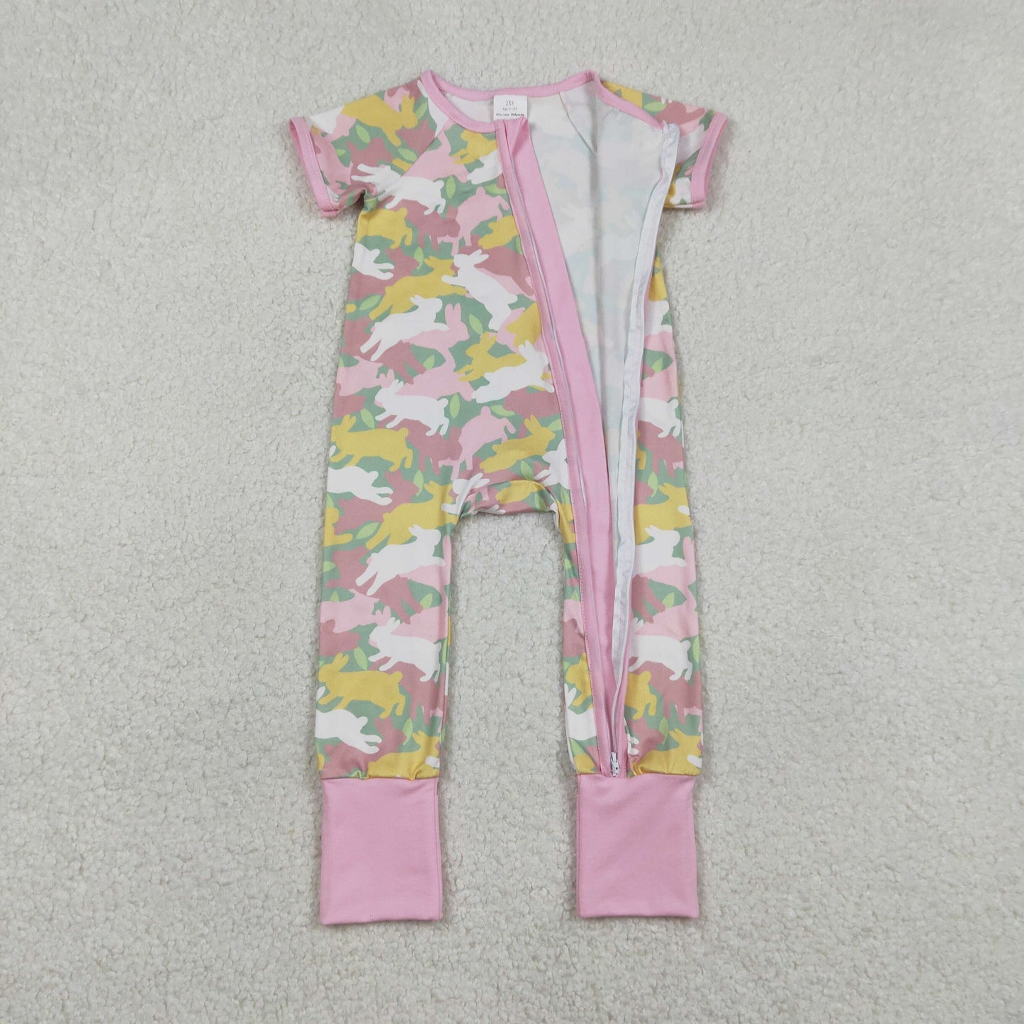 RTS NO MOQ（In Stock) SR3715 Rabbit Camouflage Pink Zipper Short-Sleeve Jumpsuit SR3572