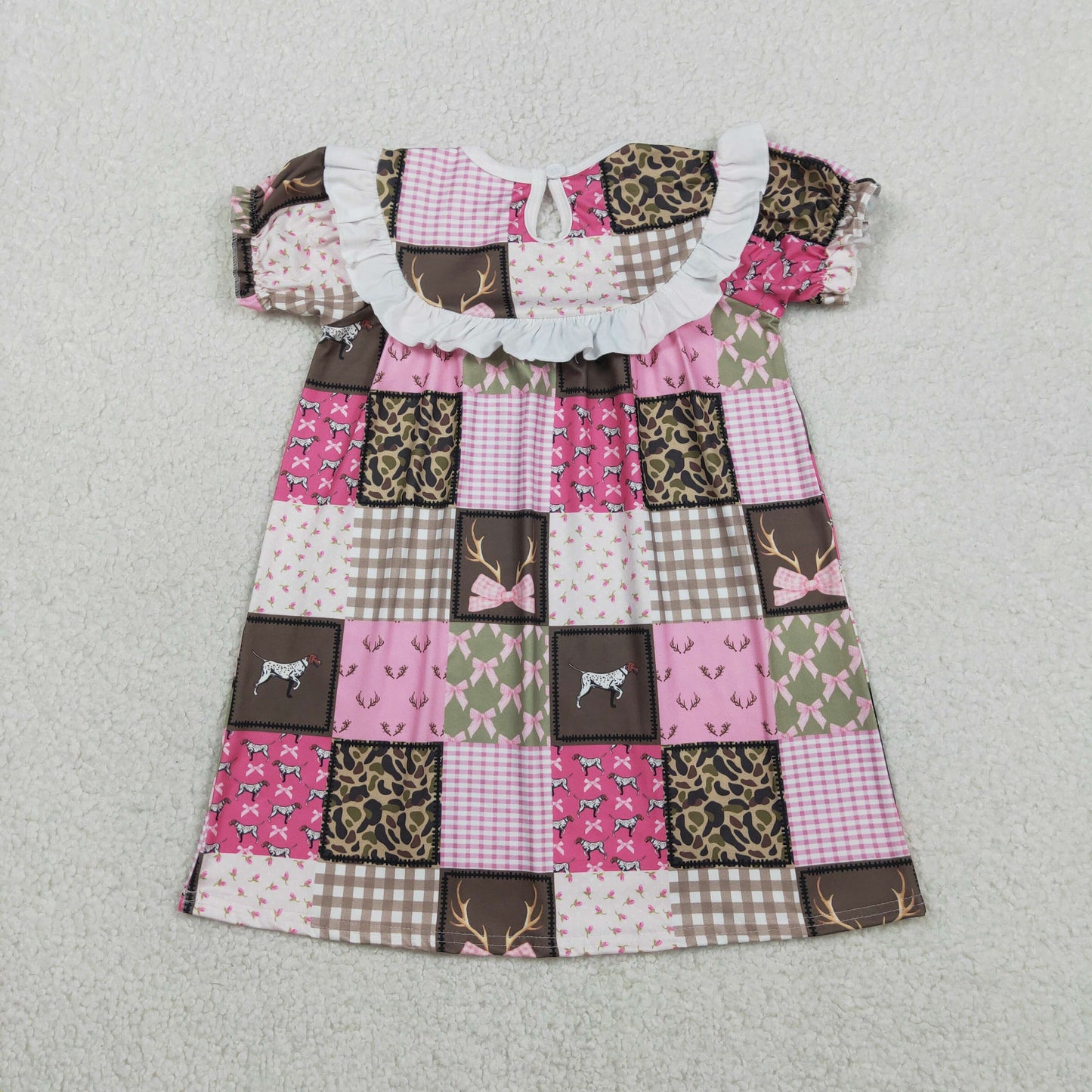 RTS NO MOQ（In Stock) GSD3484 Embroidered Daddy's Girl Camouflage Check Pink Short-Sleeve Dress