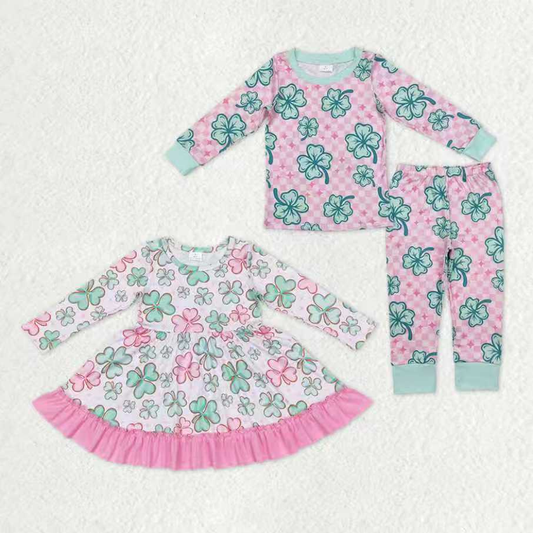 Sibling Baby Girls clothes St. Patrick's Four Leaf Clover long sleeve Pants Clothes Sets and Dresses