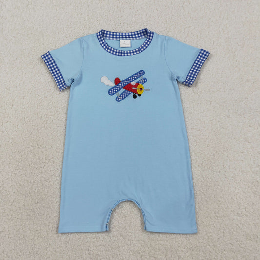 SR3543 Newborn Baby Boys Embroidery Planes Blue Short Sleeve Rompers