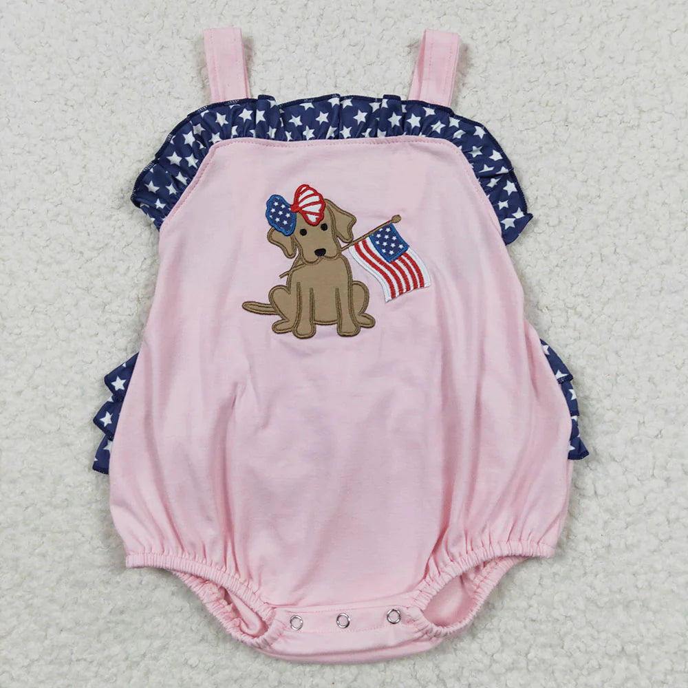 SR0332 Newborn Baby Girls 4th of July Dog Pink Rompers