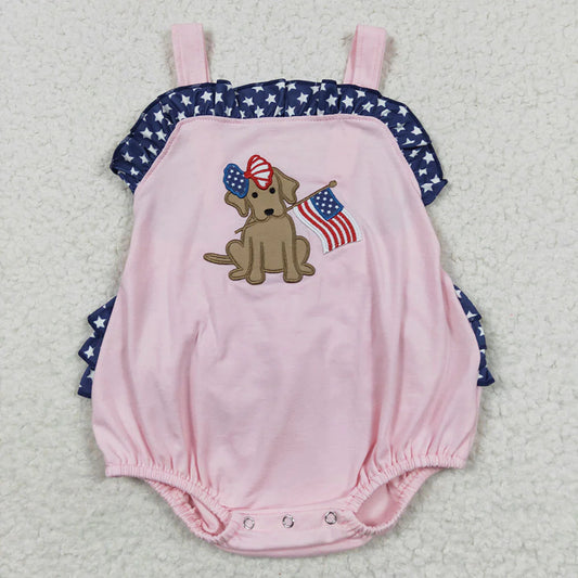 SR0332 Newborn Baby Girls 4th of July Dog Pink Rompers