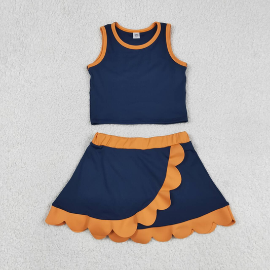 GSD4017 Kids Baby Girls Navy Orange Vest Scallop Skirt Short Yoga Active Clothes Set