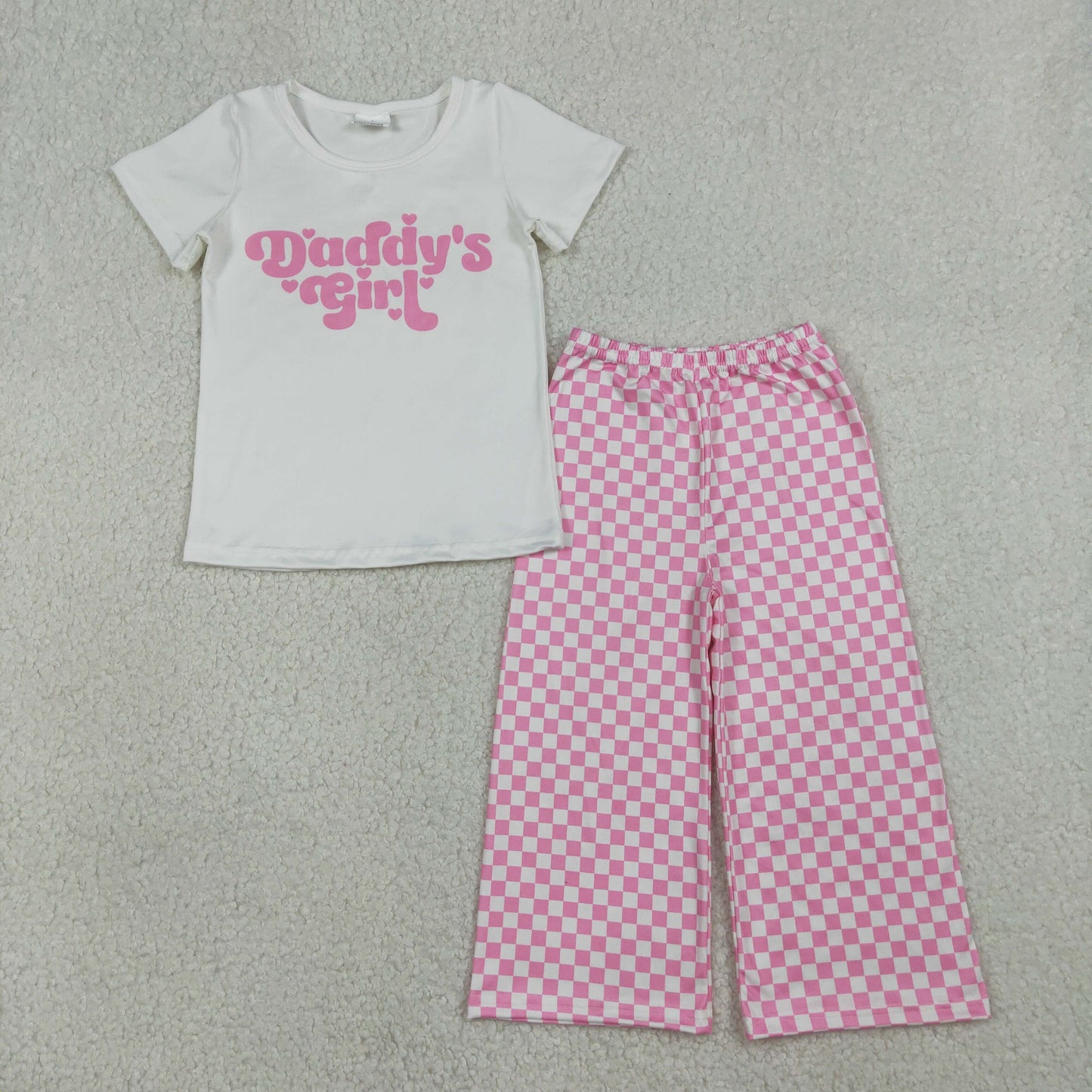 RTS NO MOQ（In Stock) GT1566+P1018 Daddy's Girl Letter White Short-Sleeved Top Pink Plaid Pants set-GSPO2257