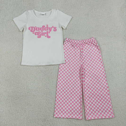 RTS NO MOQ(In Stock) GT1566+P1018 Daddy's Girl Letter White Short-Sleeved Top Pink Plaid Pants set-GSPO2257
