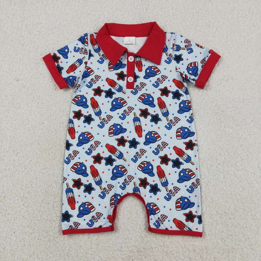 SR3874 Newborn Baby Boys Short Sleeve USA Popsicle Stars 4th of July Button Rompers