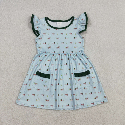 GSD3679 Kids Baby Girl Flutter Sleeve Ducks Pockets Hunting Knee Length Dresses