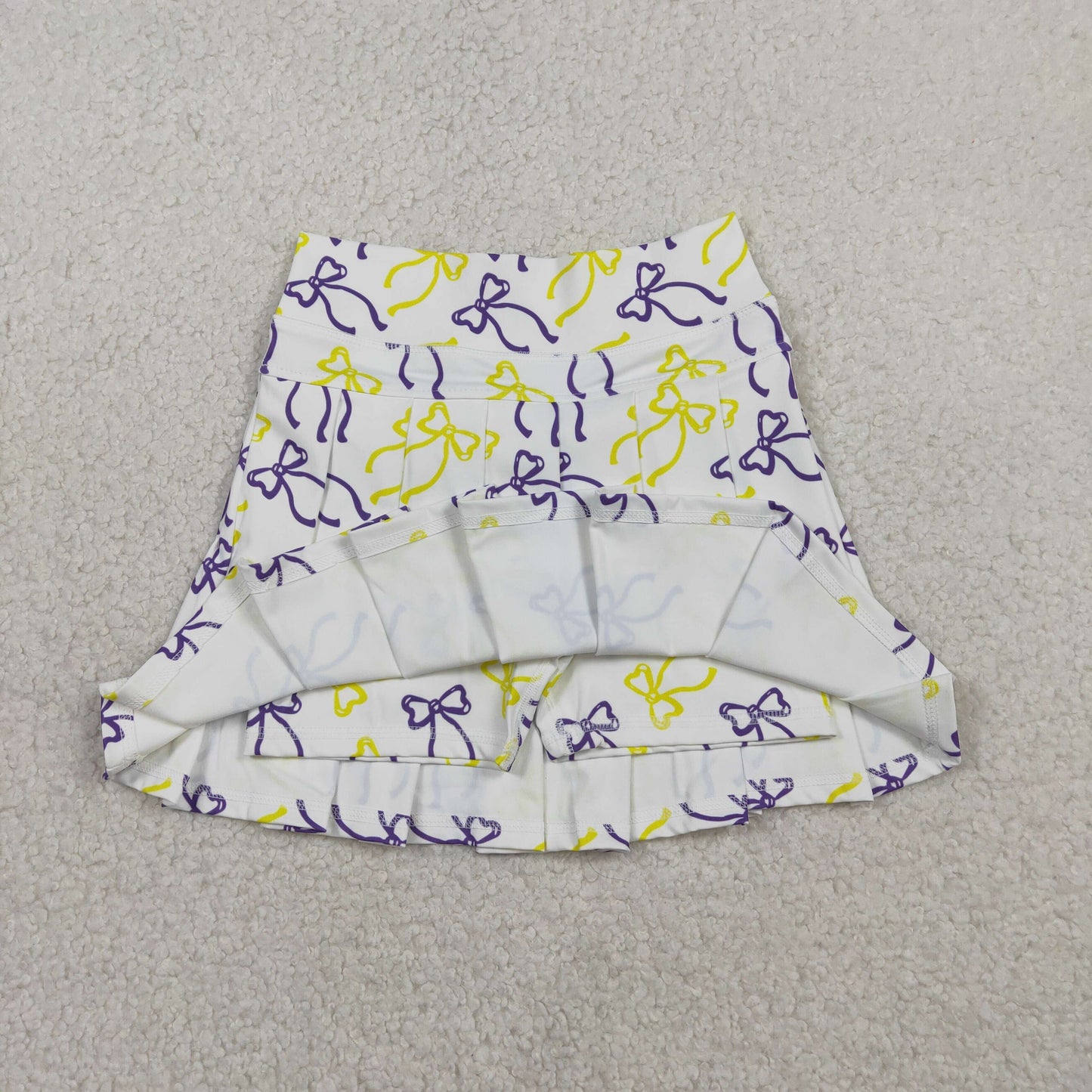 RTS NO MOQ（In Stock) GLK0212 Yellow-Purple Bow Pattern White Pleated Yoga Skirt